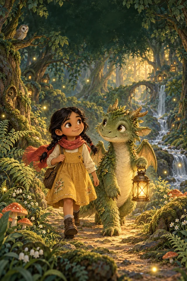 Zara and a friendly green dragon carrying a lantern through a glowing forest