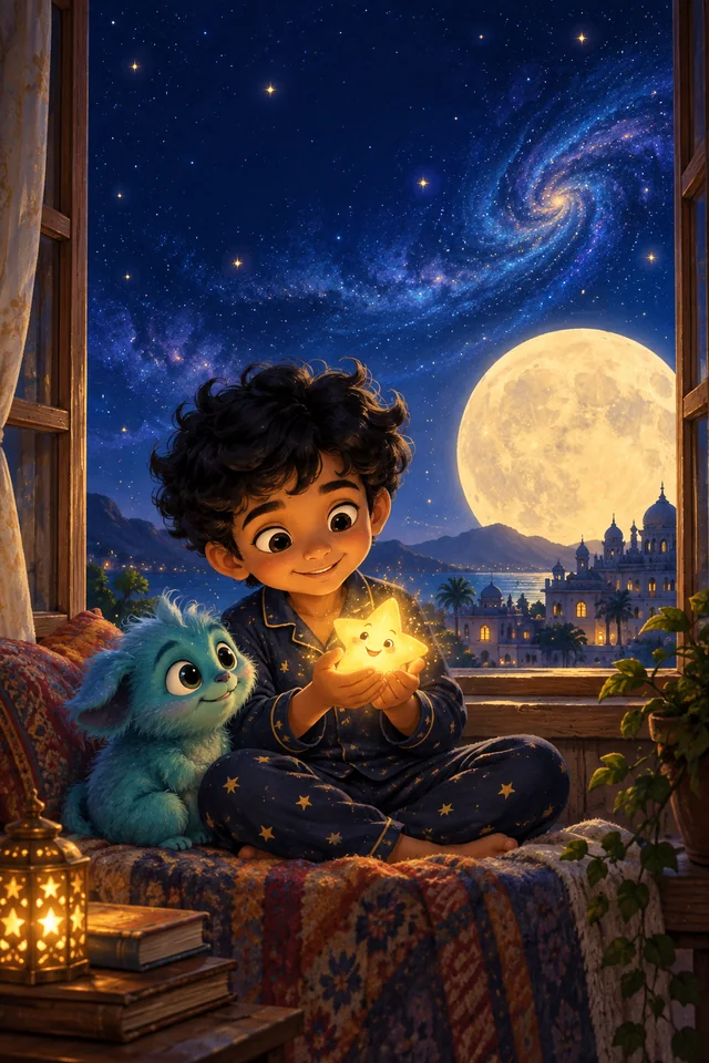 Ayaan holding a friendly glowing star beside a little blue creature under the moon