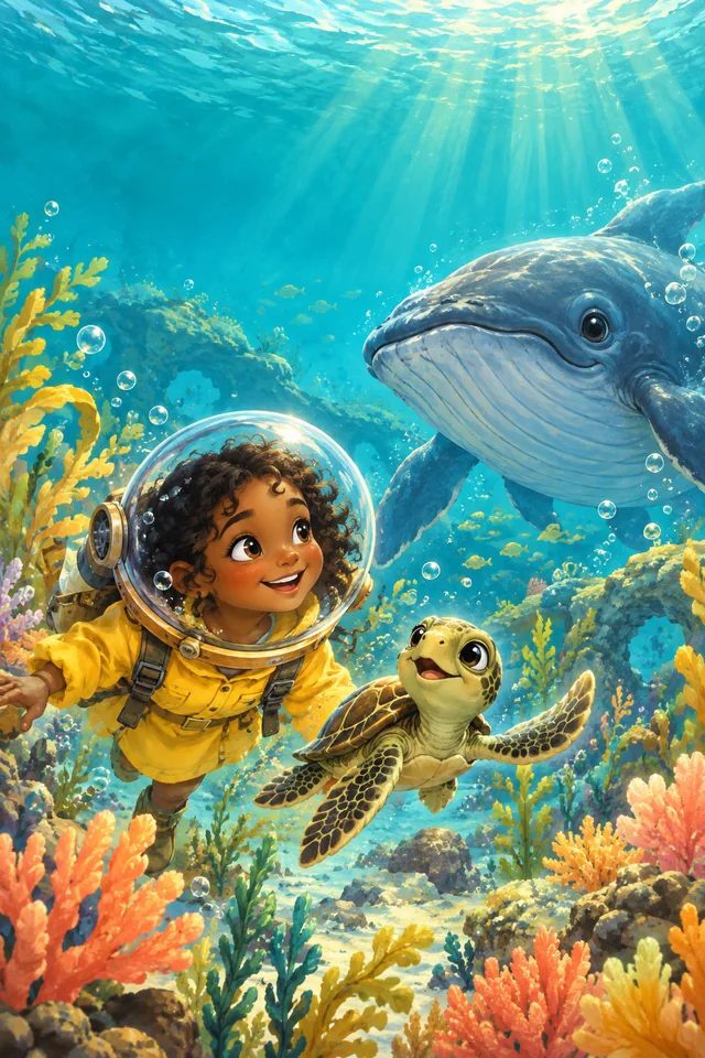 A young underwater explorer meeting a smiling whale and a little sea turtle