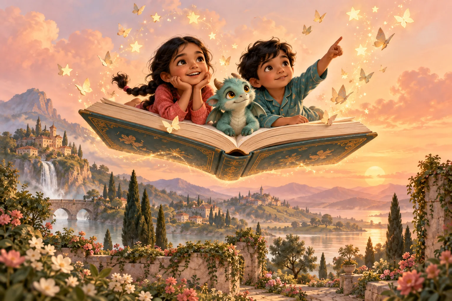 Two children and a gentle dragon discover a glowing storybook above a magical garden